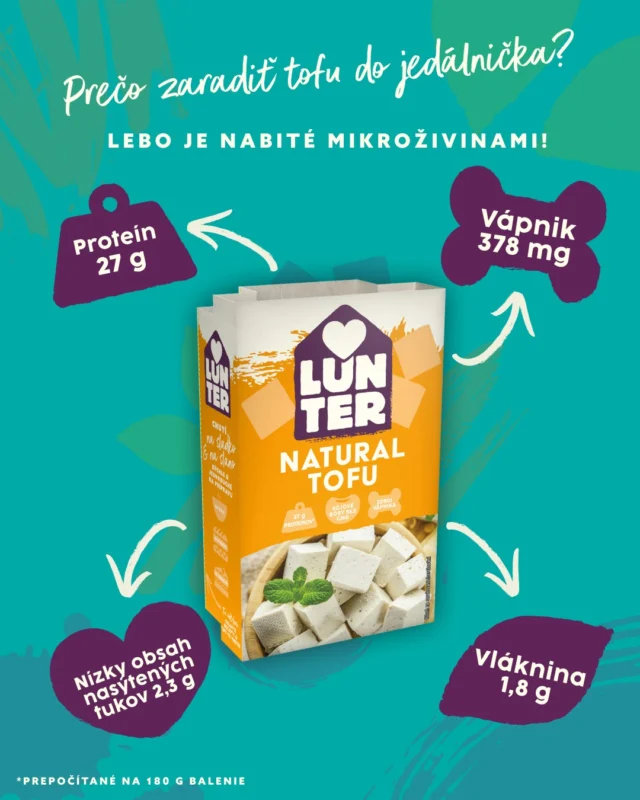 Pridaj do svojho jedálnička tofu a telo ti poďakuje! 🌱✨ Silné kosti, svaly plné energie, hladké trávenie a srdce v pohode -  to všetko bez kompromisov na chuti, keďže tofu zvládne byť súčasťou akéhokoľvek receptu. 👊 Pre viac inšpirácie mrkni na náš web www.lunter.com